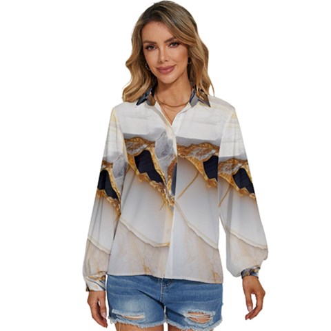 Marble Stone Abstract Gold White Women s Long Sleeve Button Down Shirt by Ravend