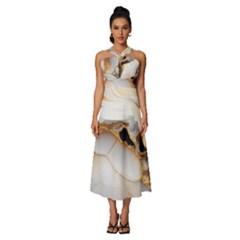 Marble Stone Abstract Gold White Sleeveless Cross Front Cocktail Midi Chiffon Dress