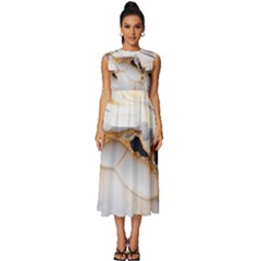 Marble Stone Abstract Gold White Sleeveless Round Neck Midi Dress