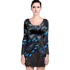 Flower Metal Flowers Sculpture Long Sleeve Velvet Bodycon Dress by Ravend