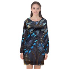 Flower Metal Flowers Sculpture Long Sleeve Chiffon Shift Dress  by Ravend