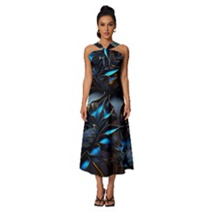 Flower Metal Flowers Sculpture Sleeveless Cross Front Cocktail Midi Chiffon Dress