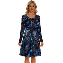 Flower Metal Flowers Sculpture Long Sleeve Dress With Pocket