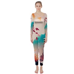 Asia Japan Pagoda Colorful Vintage Long Sleeve Catsuit by Ravend