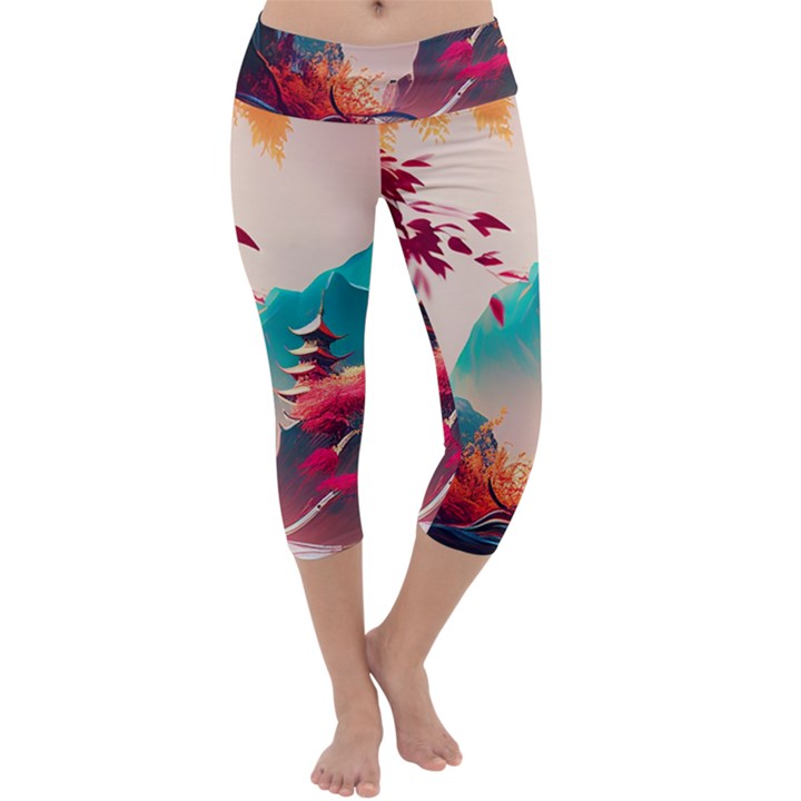 Asia Japan Pagoda Colorful Vintage Capri Yoga Leggings