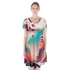 Asia Japan Pagoda Colorful Vintage Short Sleeve V-neck Flare Dress by Ravend