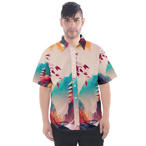 Asia Japan Pagoda Colorful Vintage Men s Short Sleeve Shirt by Ravend