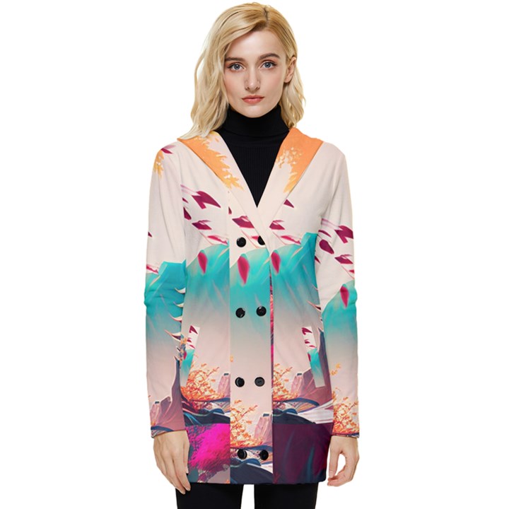 Asia Japan Pagoda Colorful Vintage Button Up Hooded Coat 