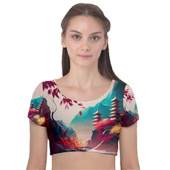 Asia Japan Pagoda Colorful Vintage Velvet Short Sleeve Crop Top  by Ravend