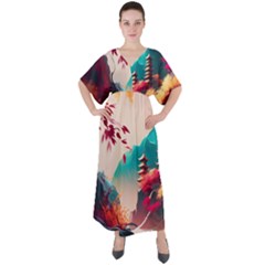 Asia Japan Pagoda Colorful Vintage V-neck Boho Style Maxi Dress by Ravend