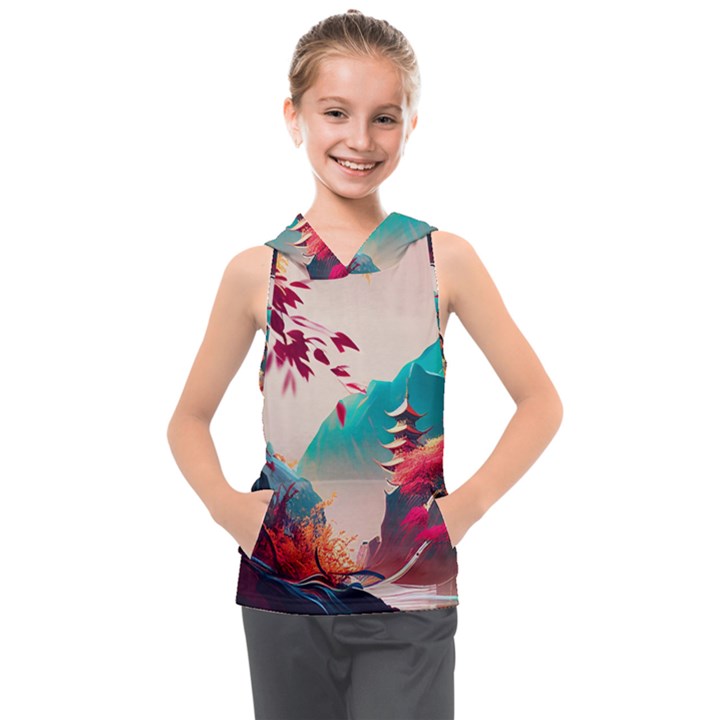 Asia Japan Pagoda Colorful Vintage Kids  Sleeveless Hoodie