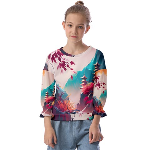 Asia Japan Pagoda Colorful Vintage Kids  Cuff Sleeve Top by Ravend