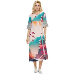 Asia Japan Pagoda Colorful Vintage Double Cuff Midi Dress by Ravend