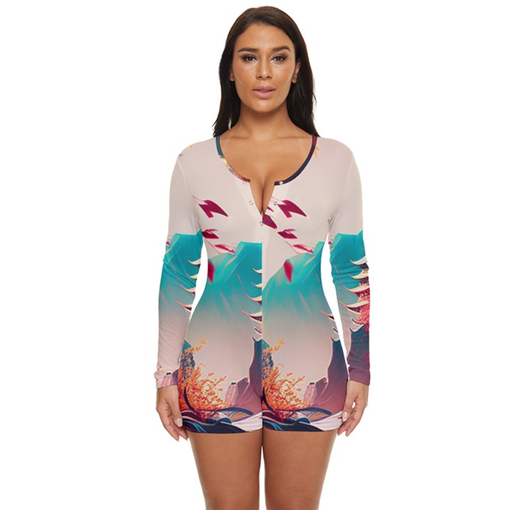 Asia Japan Pagoda Colorful Vintage Long Sleeve Boyleg Swimsuit