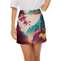 Asia Japan Pagoda Colorful Vintage Mini Front Wrap Skirt by Ravend