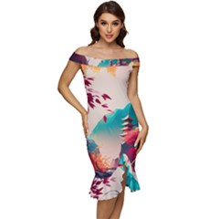 Asia Japan Pagoda Colorful Vintage Off Shoulder Ruffle Split Hem Bodycon Dress