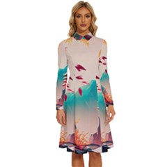 Asia Japan Pagoda Colorful Vintage Long Sleeve Shirt Collar A-line Dress by Ravend