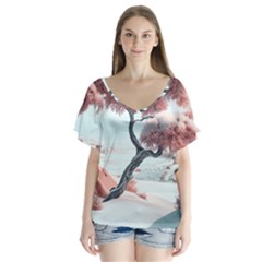 Color Snow Mountain Pretty V-neck Flutter Sleeve Top by Ravend