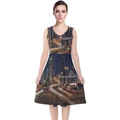 Skyscrapers Buildings Skyline V-neck Midi Sleeveless Dress  by Ravend