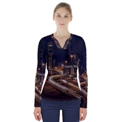 Skyscrapers Buildings Skyline V-neck Long Sleeve Top by Ravend