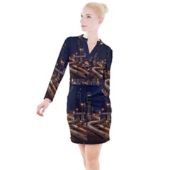 Skyscrapers Buildings Skyline Button Long Sleeve Dress by Ravend