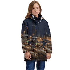 Skyscrapers Buildings Skyline Kid s Hooded Longline Puffer Jacket by Ravend