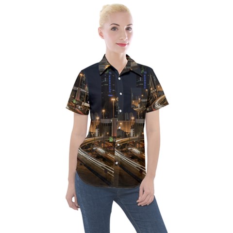 Skyscrapers Buildings Skyline Women s Short Sleeve Pocket Shirt by Ravend