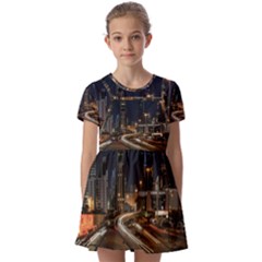 Skyscrapers Buildings Skyline Kids  Short Sleeve Pinafore Style Dress by Ravend