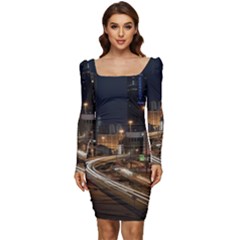 Skyscrapers Buildings Skyline Women Long Sleeve Ruched Stretch Jersey Dress by Ravend