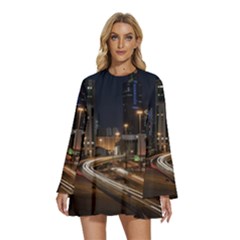 Skyscrapers Buildings Skyline Round Neck Long Sleeve Bohemian Style Chiffon Mini Dress