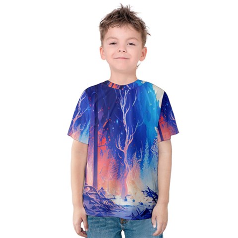 Winter Snow Mountain Fire Flame Kids  Cotton Tee by Ravend