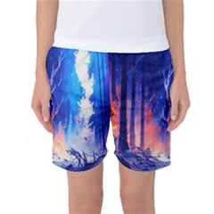 Winter Snow Mountain Fire Flame Women s Basketball Shorts by Ravend