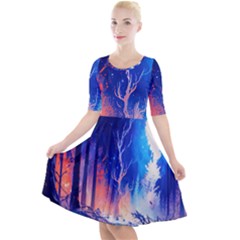 Winter Snow Mountain Fire Flame Quarter Sleeve A-line Dress by Ravend