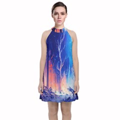 Winter Snow Mountain Fire Flame Velvet Halter Neckline Dress  by Ravend