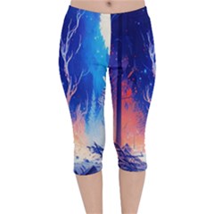 Winter Snow Mountain Fire Flame Velvet Capri Leggings  by Ravend