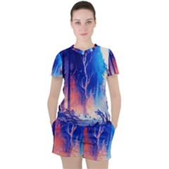 Winter Snow Mountain Fire Flame Women s Tee And Shorts Set