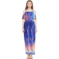 Winter Snow Mountain Fire Flame Draped Sleeveless Chiffon Jumpsuit by Ravend