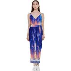 Winter Snow Mountain Fire Flame V-neck Spaghetti Strap Tie Front Jumpsuit by Ravend