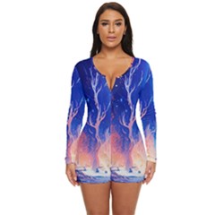 Winter Snow Mountain Fire Flame Long Sleeve Boyleg Swimsuit by Ravend