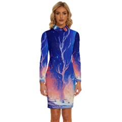 Winter Snow Mountain Fire Flame Long Sleeve Shirt Collar Bodycon Dress