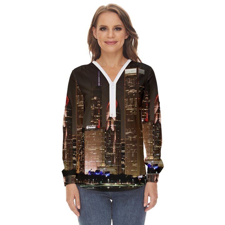 Chicago City Architecture Downtown Zip Up Long Sleeve Blouse