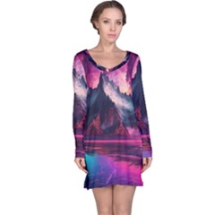 Ai Generated Mountain Ocean Lava Long Sleeve Nightdress by Ravend