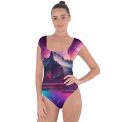 Ai Generated Mountain Ocean Lava Short Sleeve Leotard  by Ravend