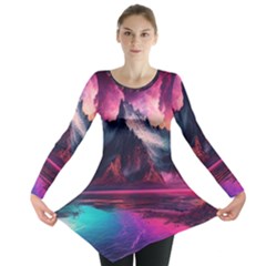 Ai Generated Mountain Ocean Lava Long Sleeve Tunic  by Ravend