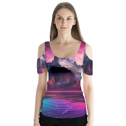 Ai Generated Mountain Ocean Lava Butterfly Sleeve Cutout Tee  by Ravend