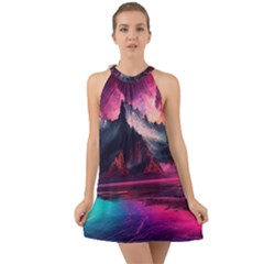 Ai Generated Mountain Ocean Lava Halter Tie Back Chiffon Dress by Ravend