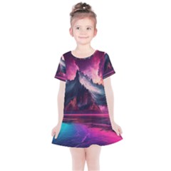 Ai Generated Mountain Ocean Lava Kids  Simple Cotton Dress by Ravend