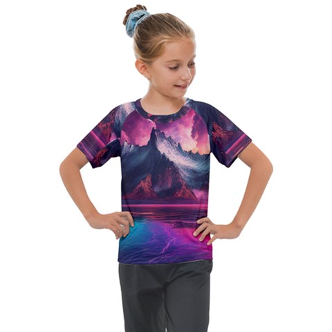 Ai Generated Mountain Ocean Lava Kids  Mesh Piece Tee by Ravend