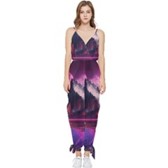 Ai Generated Mountain Ocean Lava Sleeveless Tie Ankle Chiffon Jumpsuit by Ravend