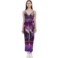 Ai Generated Mountain Ocean Lava V-neck Spaghetti Strap Tie Front Jumpsuit